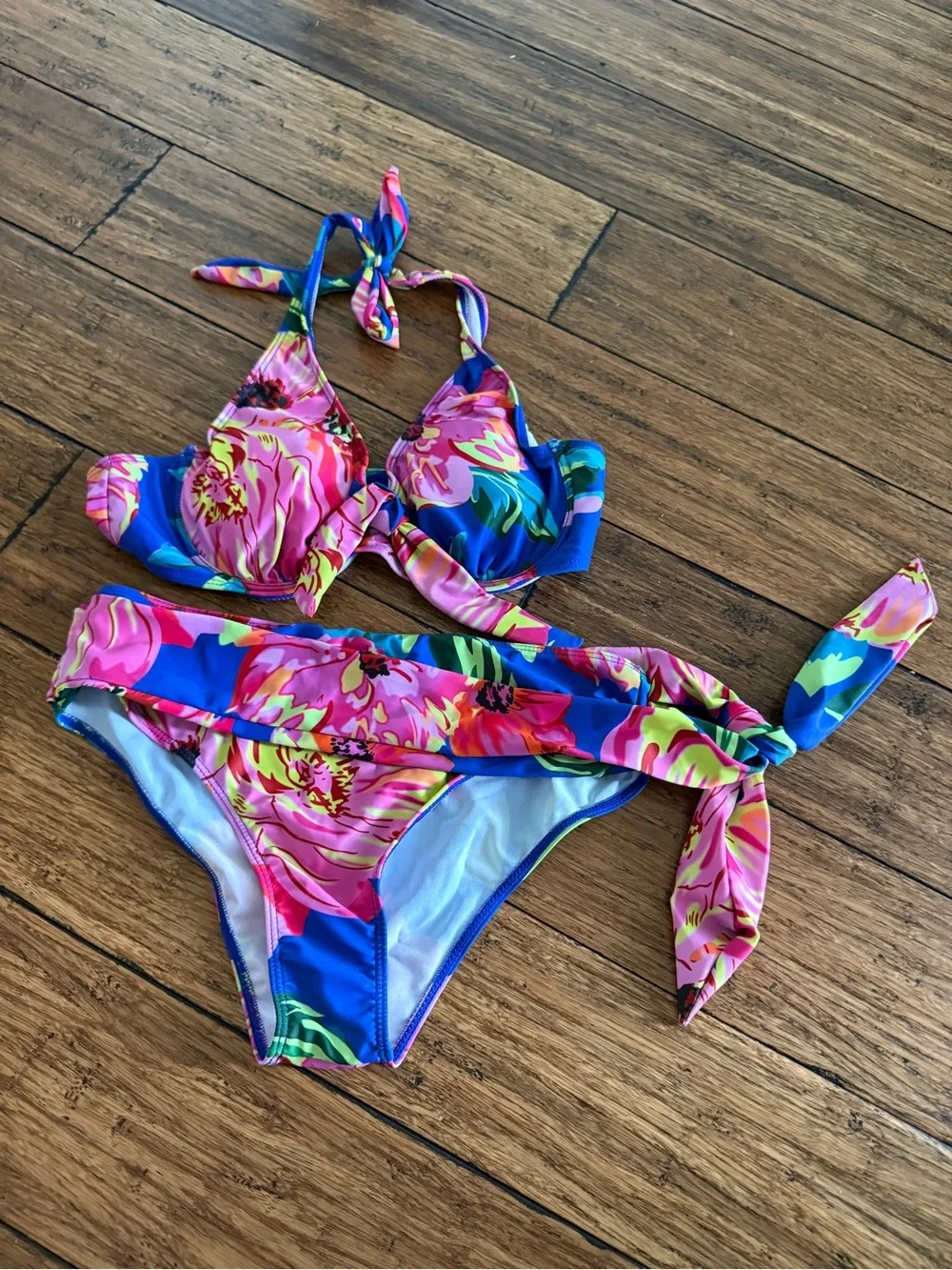 Women’s Floral Two-Piece underwire Bikini - Pink & Blue with waist tie. LARGE